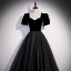Elegant Black Suede Prom Dresses 2022 A-Line / Princess Square Neckline Short Sleeve Floor-Length / Long Formal Dresses