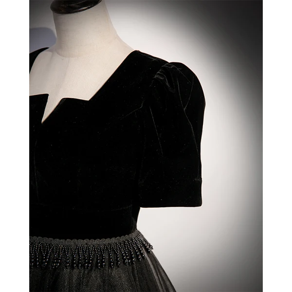 Elegant Black Suede Prom Dresses 2022 A-Line / Princess Square Neckline Beading Tassel Short Sleeve Floor-Length / Long Formal Dresses