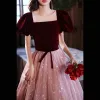 Chic / Beautiful Burgundy Suede Prom Dresses 2022 A-Line / Princess Square Neckline Star Sequins Puffy Short Sleeve Sash Bow Backless Floor-Length / Long Formal Dresses