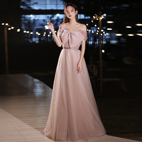 Chic / Belle Rougissant Rose Robe De Bal 2022 Princesse De l'épaule Noeud Paillettes Faux Diamant Manches Courtes Dos Nu Longue Robe De Ceremonie