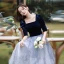 Elegant Navy Blue Suede Prom Dresses 2022 A-Line / Princess Square Neckline 1/2 Sleeves Backless Floor-Length / Long Formal Dresses