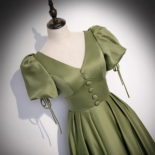 Modest / Simple Clover Green Satin Prom Dresses 2022 A-Line / Princess V-Neck Puffy Short Sleeve Backless Floor-Length / Long Formal Dresses