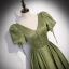 Modest / Simple Clover Green Satin Prom Dresses 2022 A-Line / Princess V-Neck Puffy Short Sleeve Backless Floor-Length / Long Formal Dresses