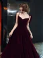 Modest / Simple Burgundy Suede Prom Dresses 2022 A-Line / Princess Spaghetti Straps Bow Sleeveless Backless Floor-Length / Long Formal Dresses