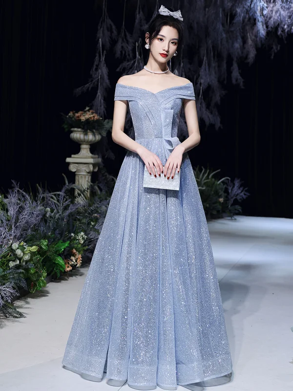 Charming Sparkly Sky Blue Glitter Sequins Prom Dresses 2022 A-Line / Princess Off-The-Shoulder Bow Short Sleeve Backless Floor-Length / Long Formal Dresses