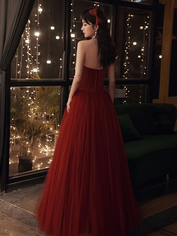 Chic / Beautiful Burgundy Prom Dresses 2022 A-Line / Princess Strapless Sleeveless Backless Floor-Length / Long Formal Dresses