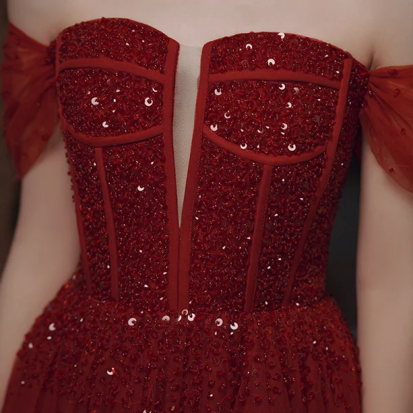 Chic / Belle Bordeaux Perlage Paillettes Robe De Bal 2022 Princesse De l'épaule Manches Courtes Dos Nu Longue Robe De Ceremonie