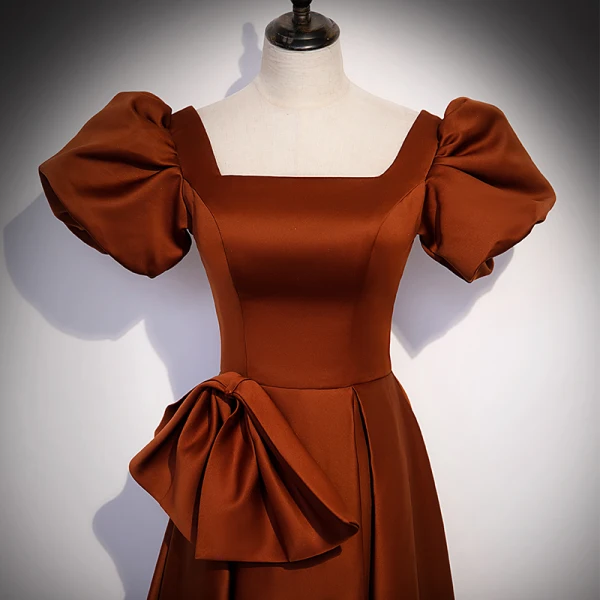 Elegant Brown Satin Prom Dresses 2022 A-Line / Princess Square Neckline Puffy Short Sleeve Bow Backless Floor-Length / Long Formal Dresses
