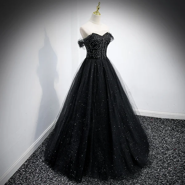 Charmant Noire Paillettes Robe De Bal 2021 Princesse De l'épaule Manches Courtes Dos Nu Longue Promo Robe De Ceremonie