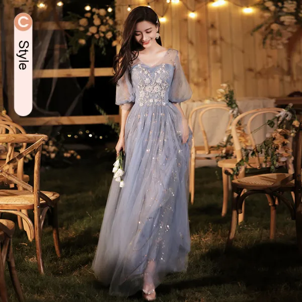 Fashion Sky Blue Beading Sequins Bridesmaid Dresses 2021 A-Line / Princess Pearl Rhinestone Short Sleeve Backless Floor-Length / Long Wedding Party Dresses
