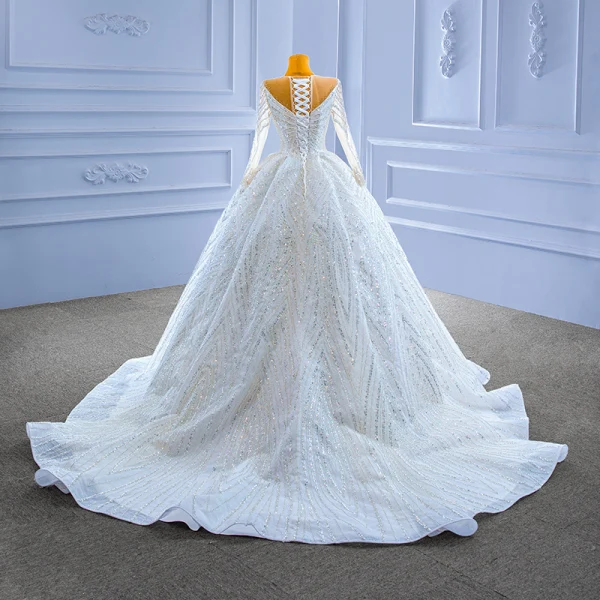 High-end Luxury / Gorgeous White Handmade  Beading Rhinestone Sequins Wedding Dresses 2022 Ball Gown Scoop Neck Long Sleeve Chapel Train Wedding