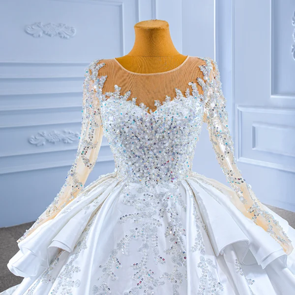 Luxury / Gorgeous High-end Handmade  Beading Pearl Sequins White Wedding Dresses 2022 Ball Gown Cascading Ruffles Scoop Neck Long Sleeve Royal Train Wedding