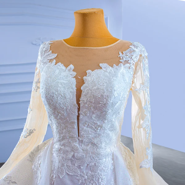High End Weiß Perlenstickerei Spitze Blumen Fallende Rüsche Brautkleider / Hochzeitskleider 2022 Meerjungfrau Rundhalsausschnitt Lange Ärmel Hof-Schleppe Hochzeit