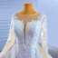 High End Weiß Perlenstickerei Spitze Blumen Fallende Rüsche Brautkleider / Hochzeitskleider 2022 Meerjungfrau Rundhalsausschnitt Lange Ärmel Hof-Schleppe Hochzeit