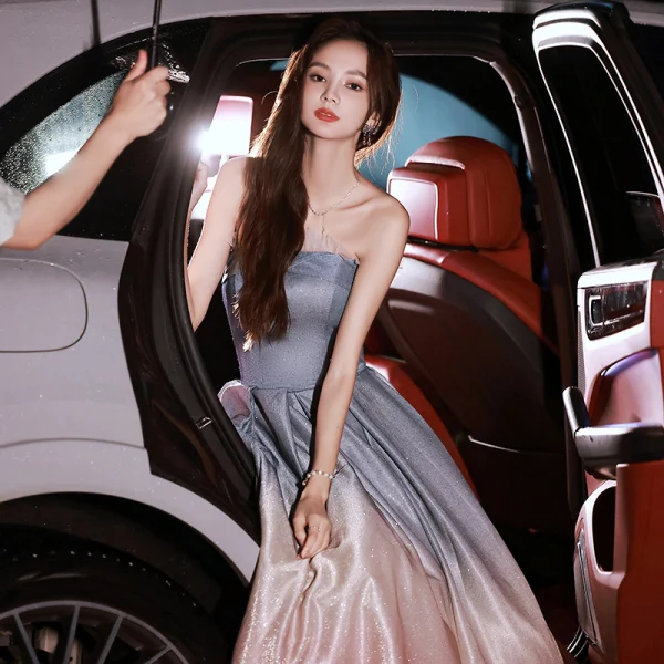 Charming Silver Gradient-Color Glitter Prom Dresses 2022 A-Line / Princess Strapless Sleeveless Backless Floor-Length / Long Formal Dresses