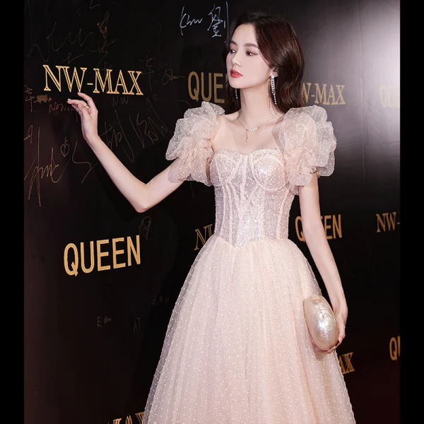 Charmant Rougissant Rose Perlage Paillettes Robe De Bal 2022 Princesse Bustier Gonflée Manches Courtes Dos Nu Longue Robe De Ceremonie