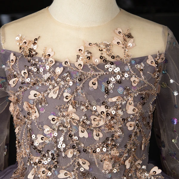 Chic / Beautiful Purple Beading Sequins Birthday Flower Girl Dresses 2022 Ball Gown Scoop Neck Long Sleeve Floor-Length / Long Flower Girl Dresses