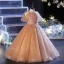 Chic / Beautiful Champagne Birthday Flower Girl Dresses 2022 Ball Gown High Neck Puffy Short Sleeve Beading Sequins Floor-Length / Long Flower Girl Dresses