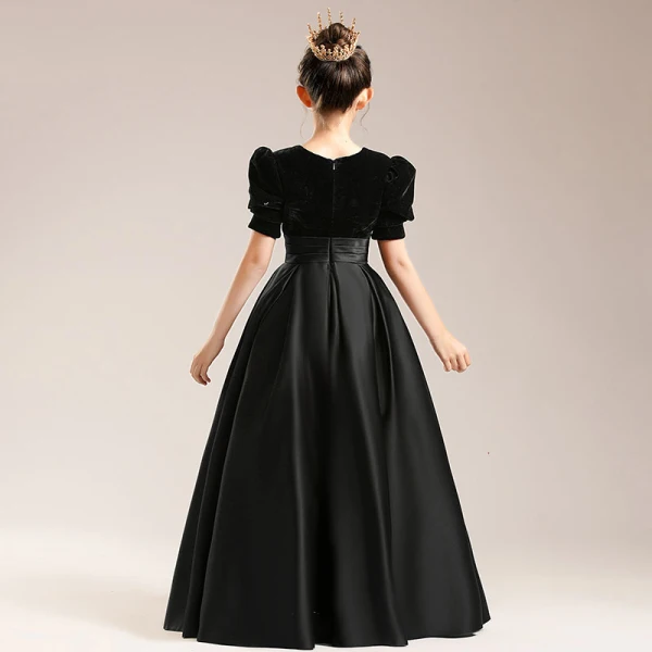 Elegant Black Suede Satin Birthday Flower Girl Dresses 2022 Ball Gown Scoop Neck Short Sleeve Sash Floor-Length / Long Flower Girl Dresses