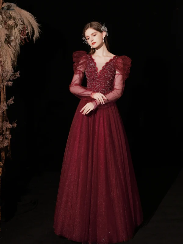 Charming Burgundy Prom Dresses 2022 A-Line / Princess V-Neck Puffy Short Sleeve Beading Sequins Backless Floor-Length / Long Formal Dresses