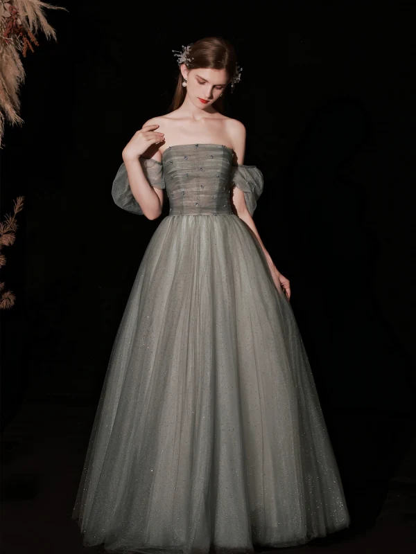 Chic / Beautiful Glitter Sage Green Prom Dresses 2022 A-Line / Princess Strapless Puffy Short Sleeve Backless Floor-Length / Long Prom Formal Dresses