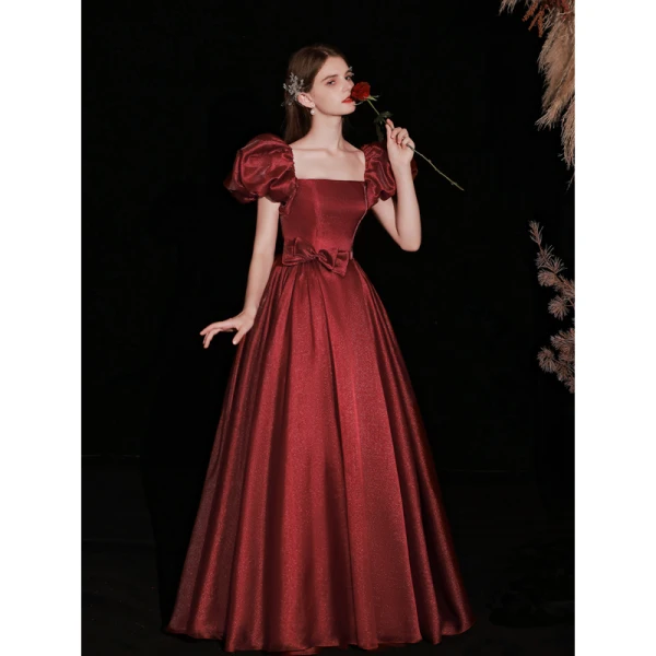 Elegant Burgundy Satin Prom Dresses 2022 A-Line / Princess Square Neckline Puffy Short Sleeve Bow Backless Floor-Length / Long Formal Dresses