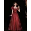 Elegant Burgundy Satin Prom Dresses 2022 A-Line / Princess Square Neckline Puffy Short Sleeve Bow Backless Floor-Length / Long Formal Dresses