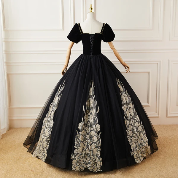 Elegant Black Suede Prom Dresses 2022 Ball Gown Square Neckline Puffy Short Sleeve Appliques Backless Floor-Length / Long Formal Dresses