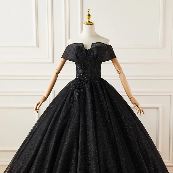 Élégant Noire Glitter Robe De Bal 2022 Robe Boule De l'épaule Faux Diamant Paillettes En Dentelle Fleur Manches Courtes Dos Nu Longue Robe De Bal