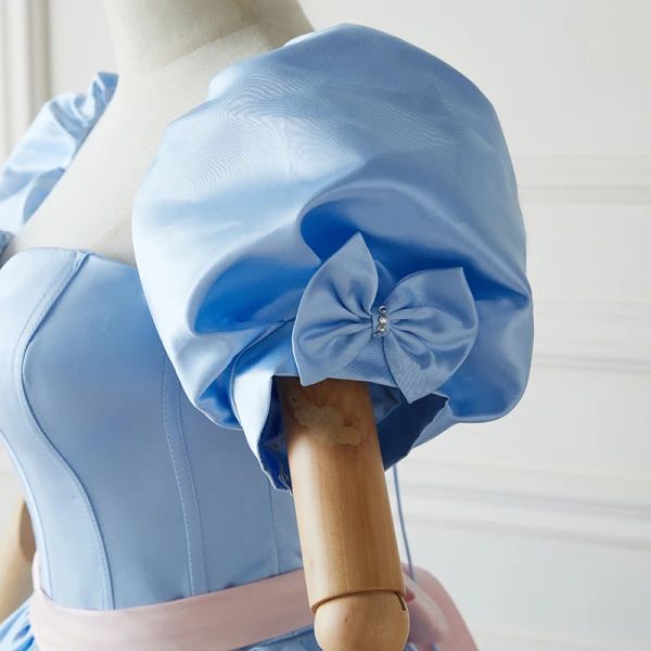 Lovely Sky Blue Satin Pleated Prom Dresses 2022 Ball Gown Strapless Puffy Short Sleeve Backless Bow Floor-Length / Long Formal Dresses