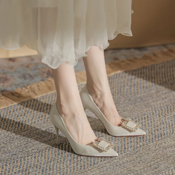 Chic / Beautiful Beige Rhinestone Sequins Evening Party Satin Pumps 2022 9 cm Stiletto Heels Pointed Toe Pumps High Heels
