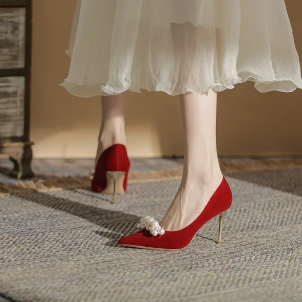 Elegante Rot Perle Ball Pumps 2022 8 cm Stilettos Spitzschuh Pumps Hochhackige