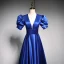 Vintage / Retro Royal Blue Prom Dresses 2021 A-Line / Princess V-Neck Puffy Short Sleeve Backless Floor-Length / Long Satin Formal Dresses