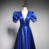 Vintage / Retro Royal Blue Prom Dresses 2021 A-Line / Princess V-Neck Puffy Short Sleeve Backless Floor-Length / Long Satin Formal Dresses