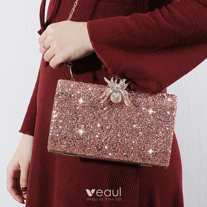 Sparkly Rhinestone Sequins Evening Party Rose Gold Clutch Bags 2022 Accessories