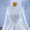 Moslim Elegante Witte Satijn Trouwjurken 2022 Baljurk Hoge Kraag Handgemaakt Kralen Parel Kant Bloem Lange Mouwen Lange Huwelijk