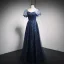 Charmant Bleu Marine Étoile Paillettes Robe De Bal 2021 Princesse V-Cou Manches Courtes Dos Nu Longue Robe De Ceremonie