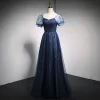 Charming Navy Blue Star Sequins Prom Dresses 2021 A-Line / Princess V-Neck Short Sleeve Backless Floor-Length / Long Formal Dresses