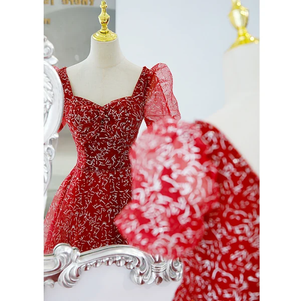 Chic / Belle Bordeaux Glitter Paillettes Robe De Bal 2022 Princesse Encolure Carrée Gonflée Manches Courtes Dos Nu Longue Robe De Ceremonie