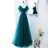 Vintage / Retro Jade Green Prom Dresses 2022 A-Line / Princess V-Neck Beading Rhinestone Sequins Short Sleeve Backless Floor-Length / Long Formal Dresses