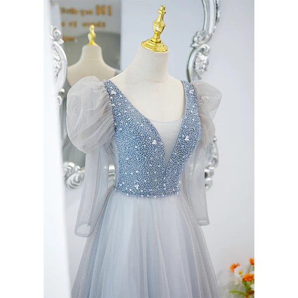 Chic / Beautiful Sky Blue Prom Dresses 2022 A-Line / Princess V-Neck Puffy Short Sleeve Backless Beading Rhinestone Sequins Floor-Length / Long Formal Dresses