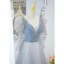 Chic / Beautiful Sky Blue Prom Dresses 2022 A-Line / Princess V-Neck Puffy Short Sleeve Backless Beading Rhinestone Sequins Floor-Length / Long Formal Dresses