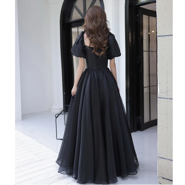 Modest / Simple Black Prom Dresses 2022 A-Line / Princess Off-The-Shoulder Short Sleeve Backless Floor-Length / Long Formal Dresses