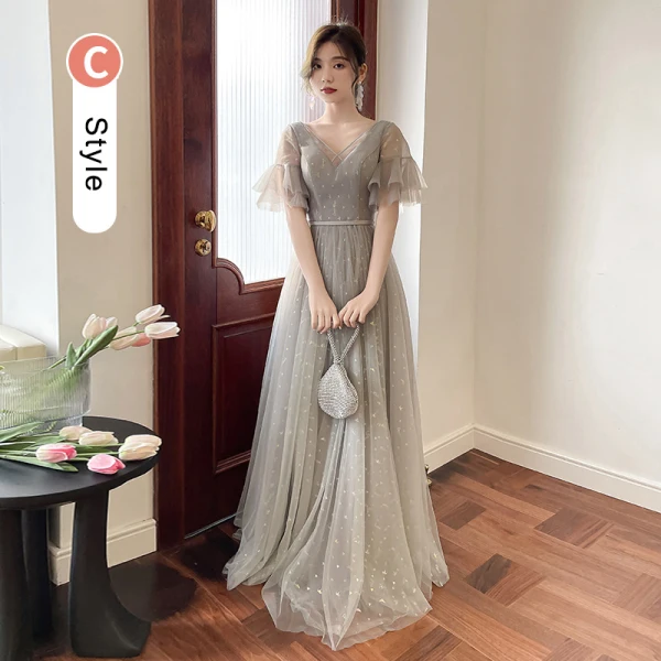 Modest / Simple Grey Bridesmaid Dresses 2022 A-Line / Princess Scoop Neck Short Sleeve Backless Floor-Length / Long Bridesmaid Dresses