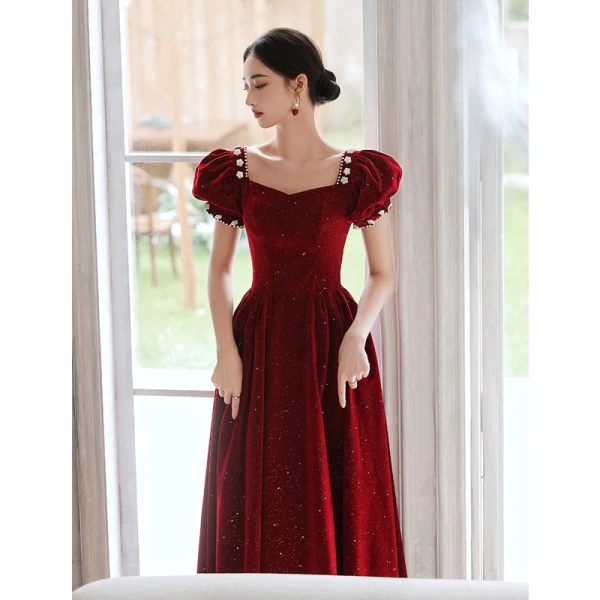 Elegant Burgundy Suede Prom Dresses 2022 A-Line / Princess Square Neckline Puffy Short Sleeve Backless Pearl Sequins Floor-Length / Long Formal Dresses
