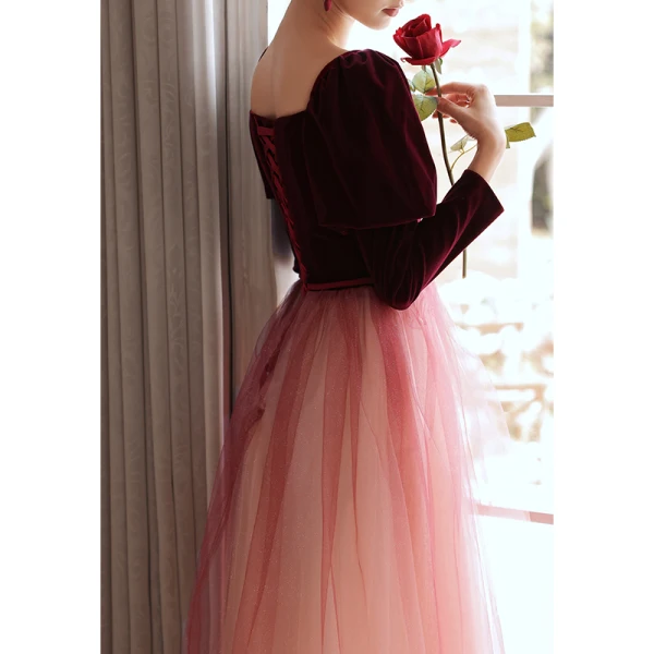Elegant Burgundy Suede Winter Prom Dresses 2022 A-Line / Princess Square Neckline Long Sleeve Backless Sash Bow Floor-Length / Long Formal Dresses