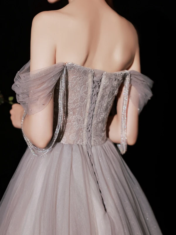 Flotte Grå Gallakjoler 2022 Prinsesse Off-The-Shoulder Beading Rhinestone Pailletter Ærmeløs Halterneck Lange Kjoler