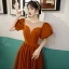 Elegant Orange Satin Prom Dresses 2022 A-Line / Princess Scoop Neck Puffy Short Sleeve Floor-Length / Long Formal Dresses