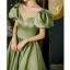 Elegant Olive Green Satin Prom Dresses 2022 A-Line / Princess Scoop Neck Puffy Short Sleeve Floor-Length / Long Formal Dresses