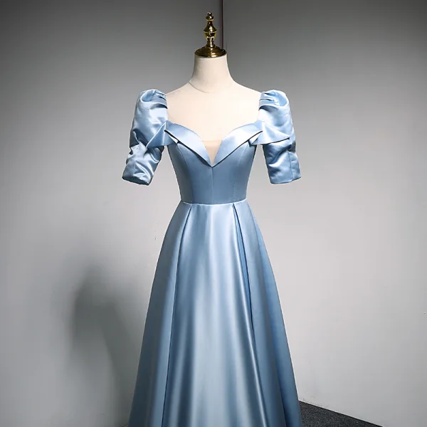 Fashion Sky Blue Satin Prom Dresses 2021 A-Line / Princess Square Neckline Short Sleeve Backless Sequins Bow Floor-Length / Long Formal Dresses